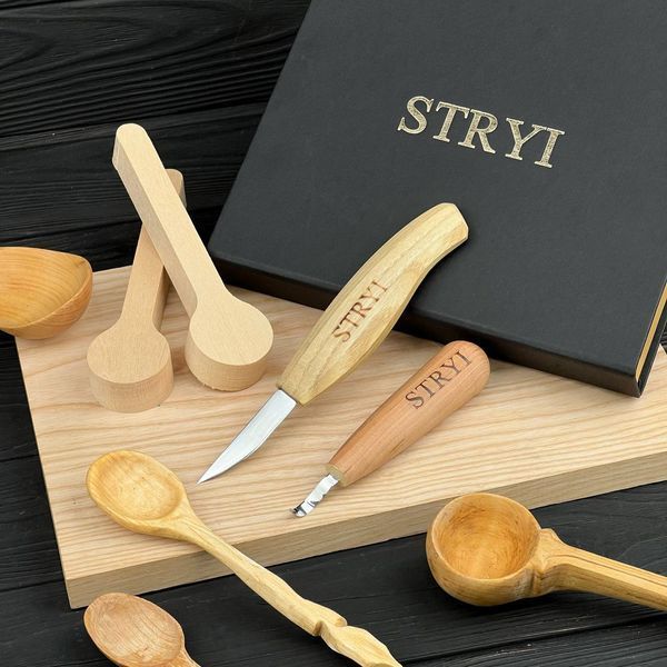 Набор стамесок для вырезания ложки STRYI Profi 2 шт и липовые заготовки 504004 фото