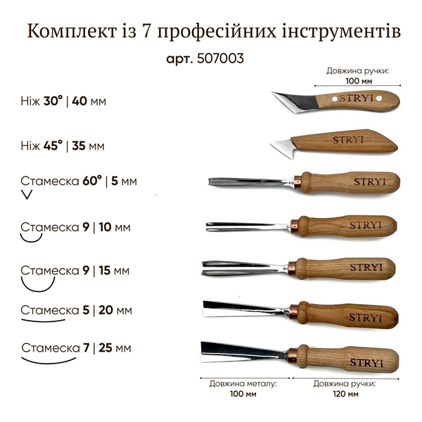 Набор кованых стамесок 7 шт для художественной резьбы STRYI Start 507003 фото