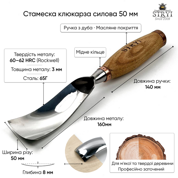 Клюкарза ударна 50мм STRYI Profi відлога для об'ємного та скульптурного різьблення по дереву 166750 фото