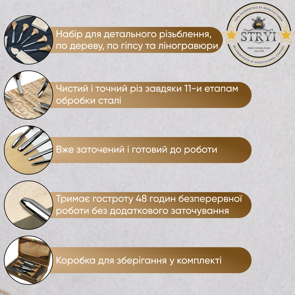 Набір штихелів STRYI PROFI для різьблення та гравюри по дереву 5 шт 505005 фото