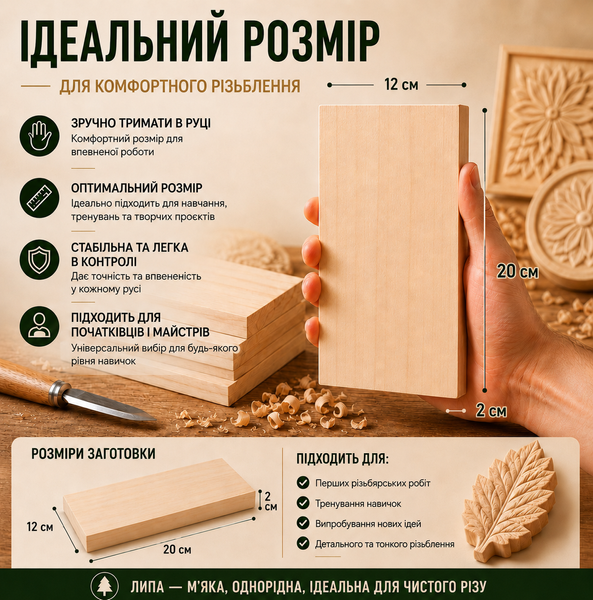 Дерев'яна липова заготовка 2 шт для різьблення по дереву 200х120х20 мм STRYI 702012 фото