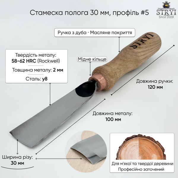 Стамеска отлогая 30мм №5 STRYI Profi для художественной, рельефной резьбы по дереву 100530 фото