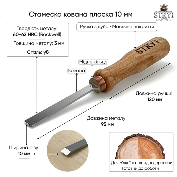 Стамеска кована плоска STRYI Profi 10 мм для різьблення по дереву 7100110 фото