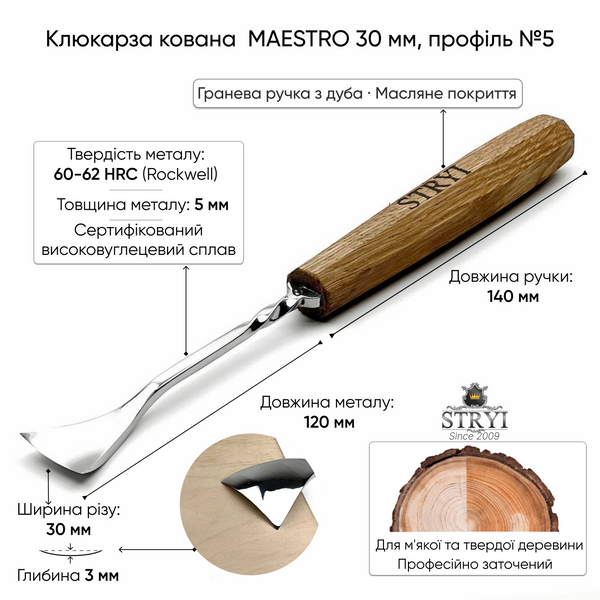 Стамеска клюкарза кованая Рыбий хвост 30мм STRYI Maestro для резьбы по дереву 291530 фото