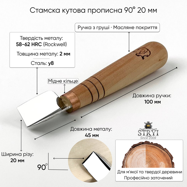 Короткая угловая ровная стамеска 20мм АЮ-STRYI Profi для геометрической резьбы 399020 фото
