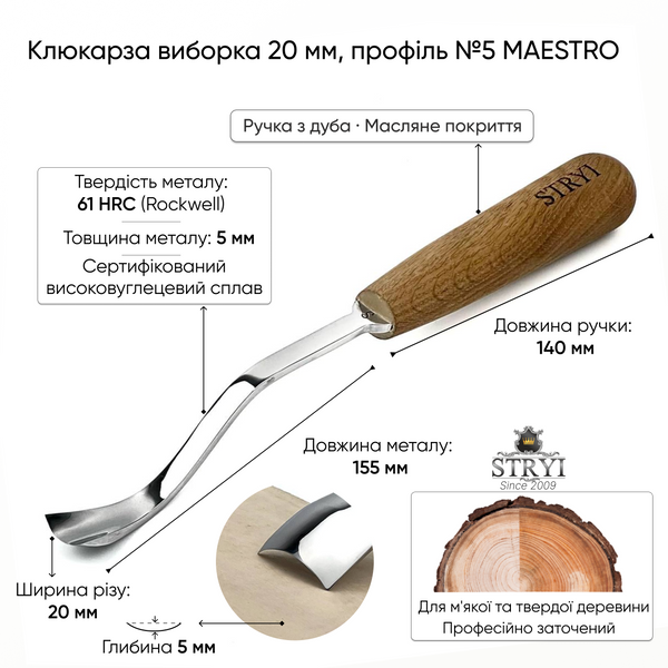 Стамеска клюкарза виборка 20 мм №5 STRYI MAESTRO кована для різьби по дереву 292520 фото