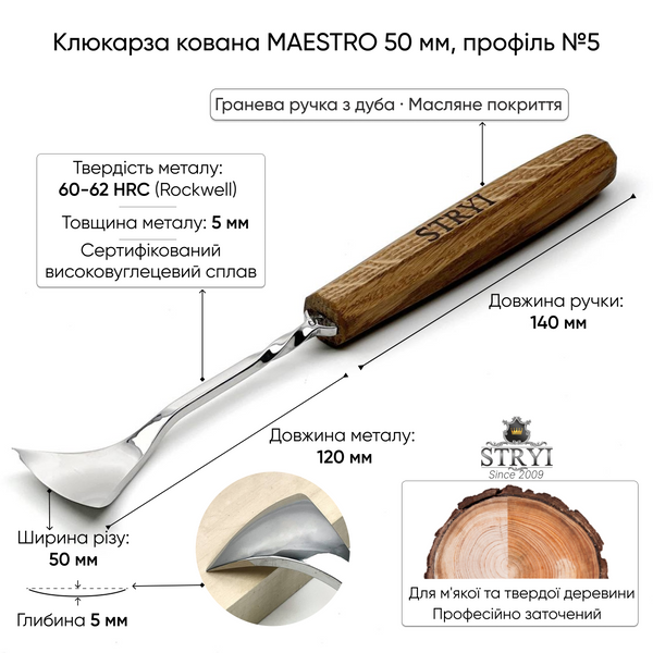 Стамеска кованая для резьбы по дереву Рыбий хвост 50 мм №5 STRYI Maestro 291550 фото