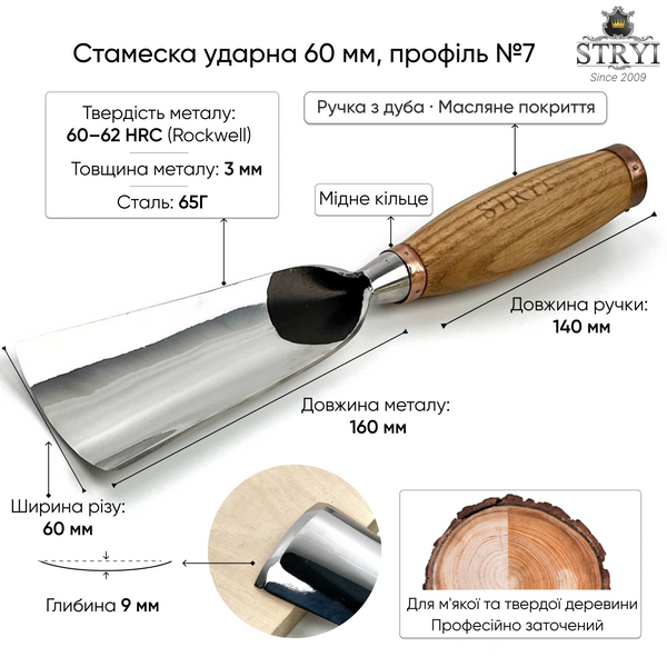Стамеска ударная 60мм №7 STRYI Profi для объёмной и скульптурной резьбы по дереву 160760 фото