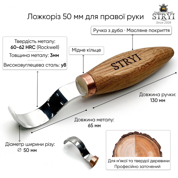Стамеска ложкорез 50мм STRYI Profi для вырезания посуды из дерева (для правой руки) 150050 фото