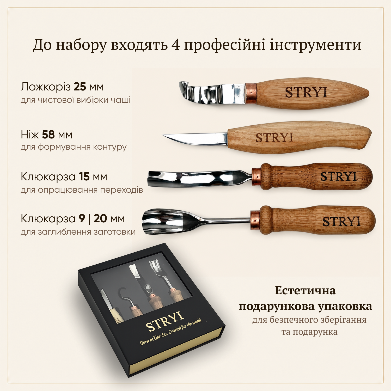 Набір стамесок для вирізання ложки STRYI Profі 4 шт